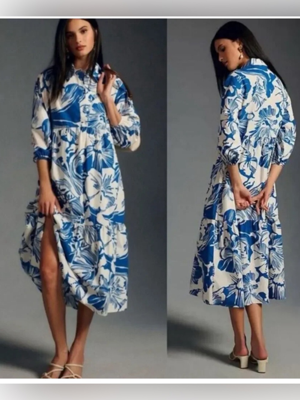 Anthropologie Maeve Women XXS Bettina Tiered Shirt Dress Blue Floral 3/4 Sleeves - Picture 3 of 9
